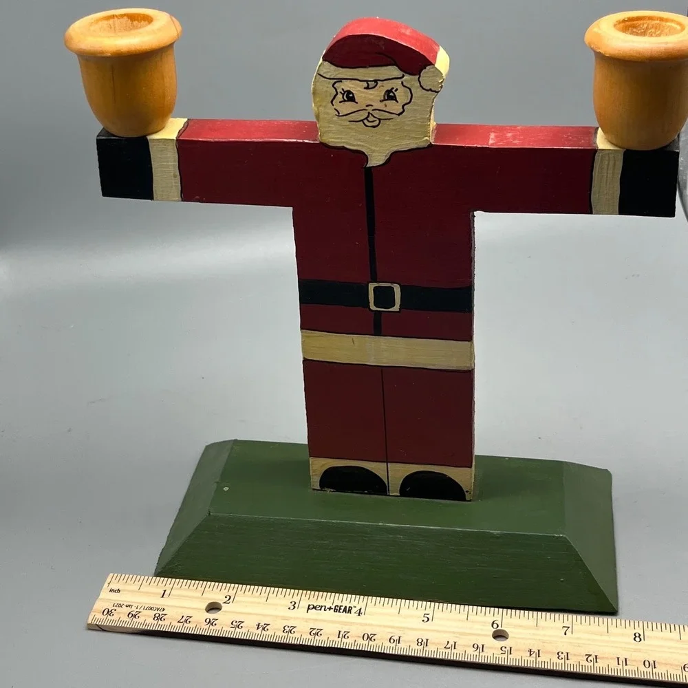Vintage Hand-painted wooden Santa folk art Candle Holder‎